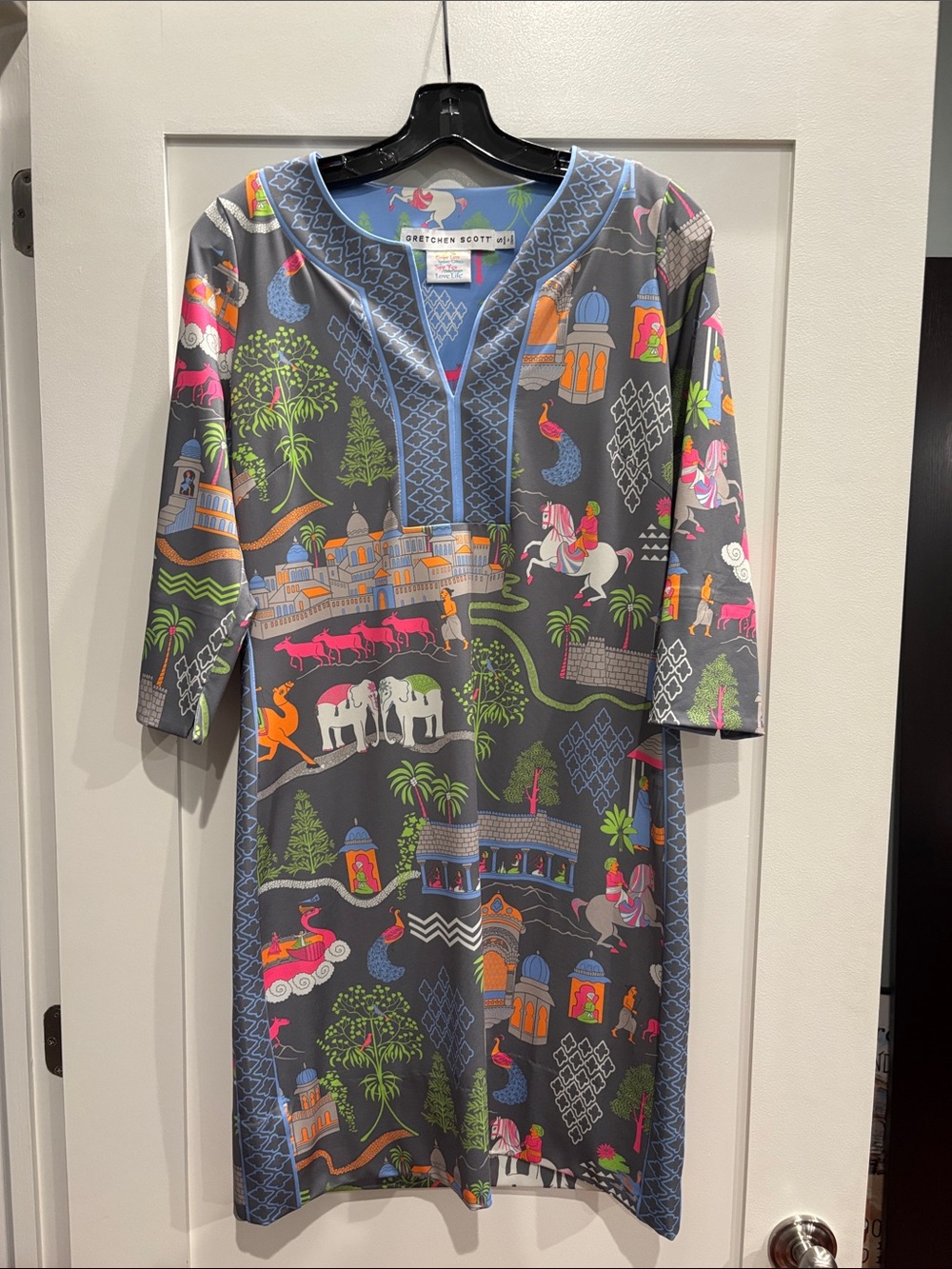 Gretchen Scott Designs Gray Long Sleeve Dress with Multicolor Motifs